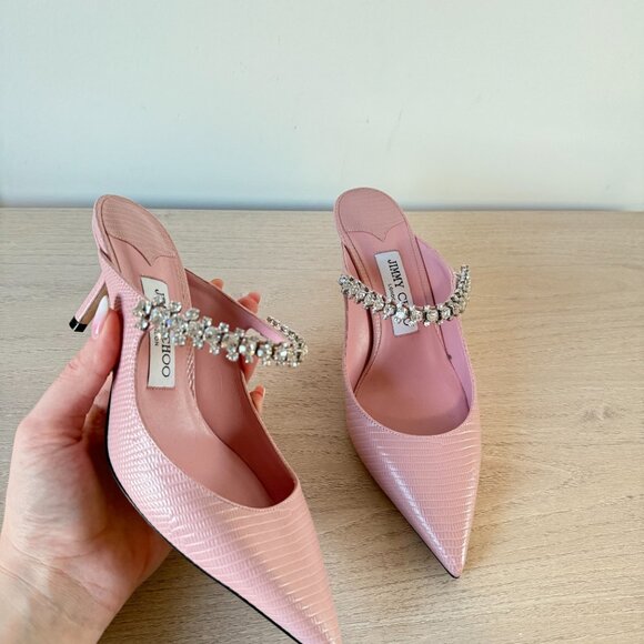 Jimmy Choo Bing 65 Mules Pink Lizard Crystal Embellished Pointed Toe Sz 37 - Picture 6 of 13